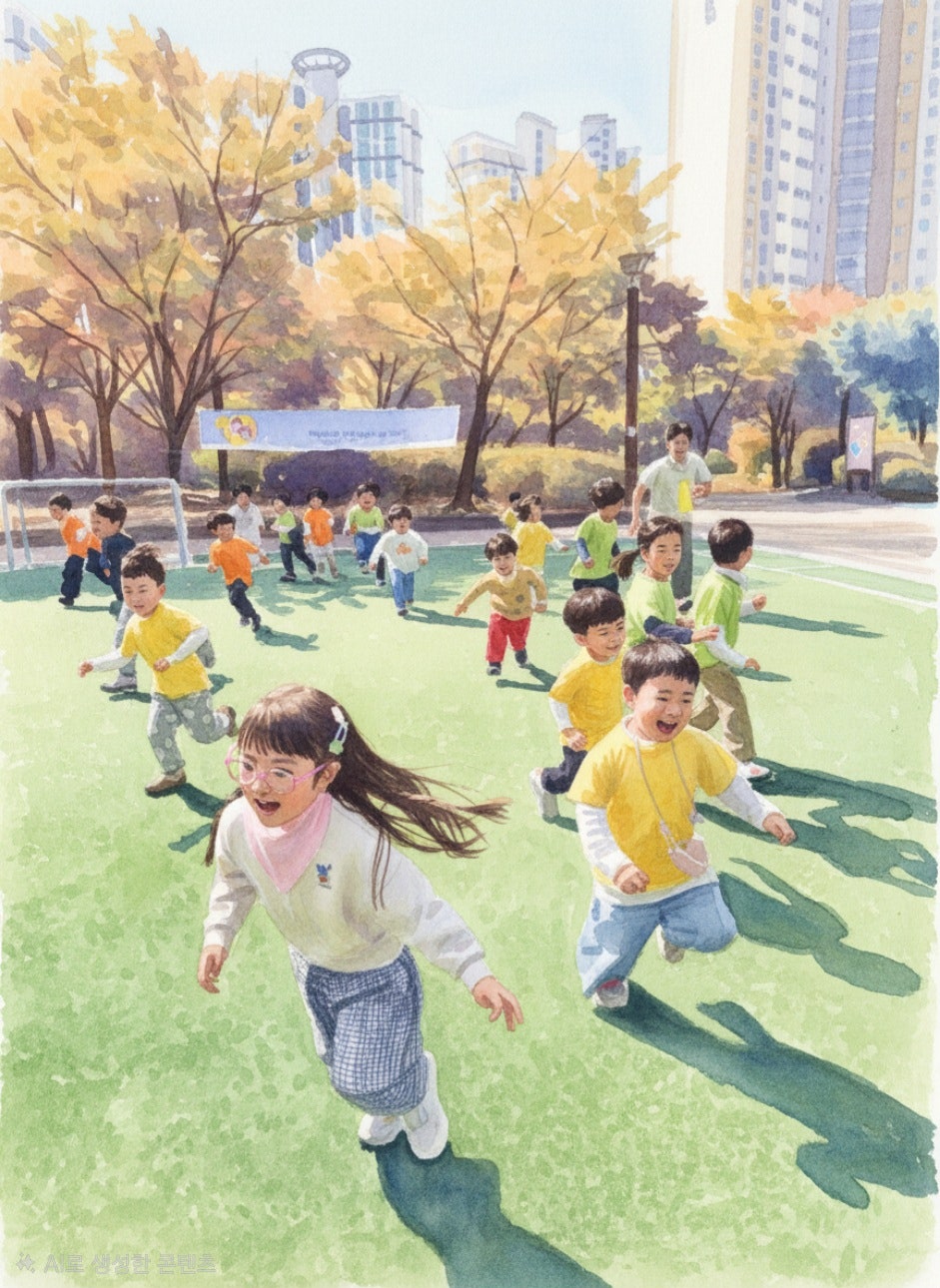 가을 운동장에서 환하게 웃으며 뛰어노는 동수원 킨더 아이들